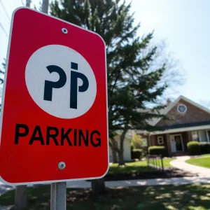 A 'No Parking' sign near a school in Oxford, Mississippi.