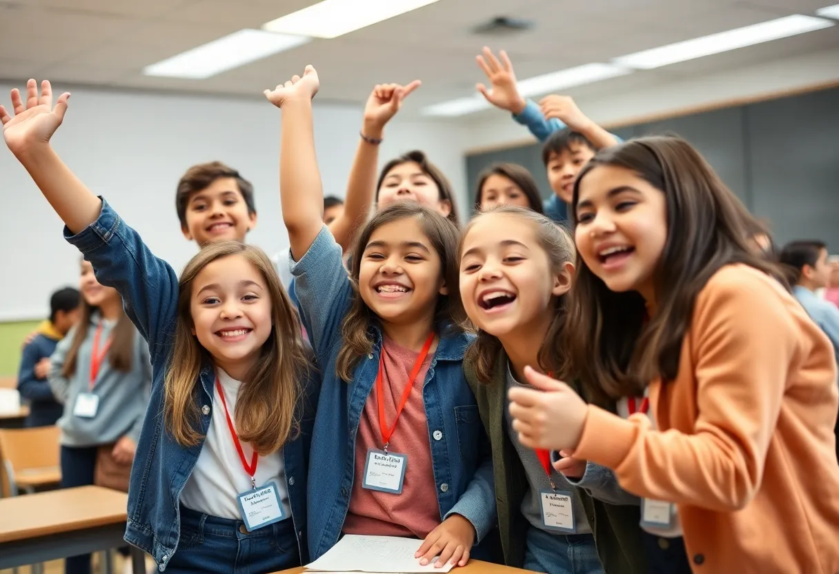 A diverse group of students celebrating a math competition victory