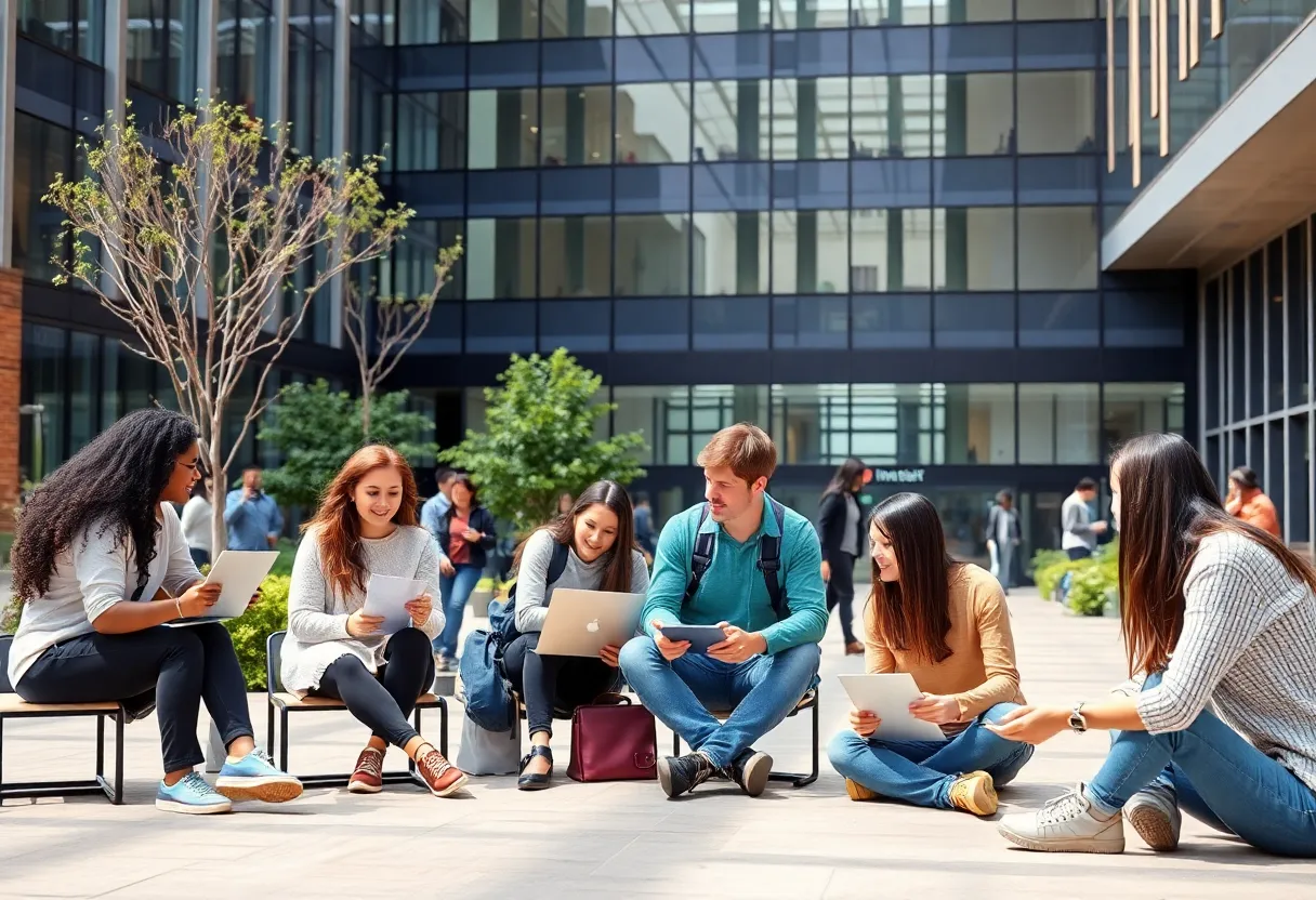 A vibrant university campus with diverse students participating in community engagement activities.