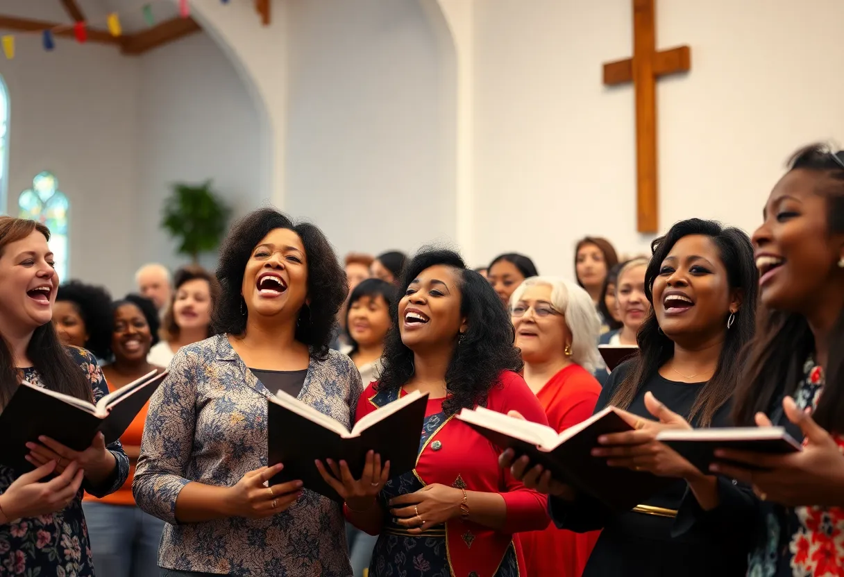 Choir members singing joyfully during a performance