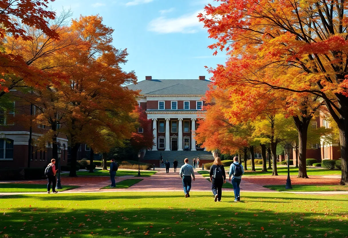 Autumn view of the University of Mississippi campus with students walking.