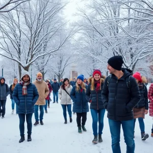Snow-covered campus of the University of Mississippi with students enjoying winter activities.