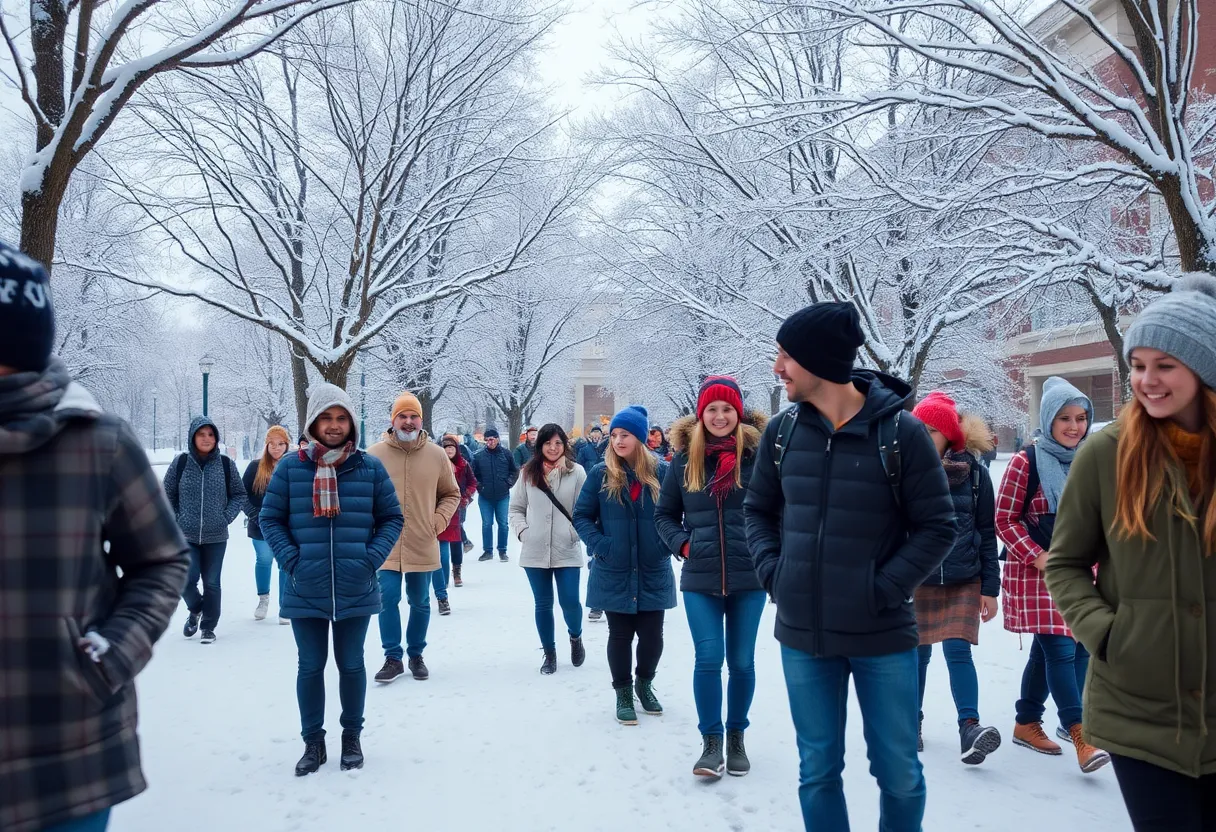 Snow-covered campus of the University of Mississippi with students enjoying winter activities.