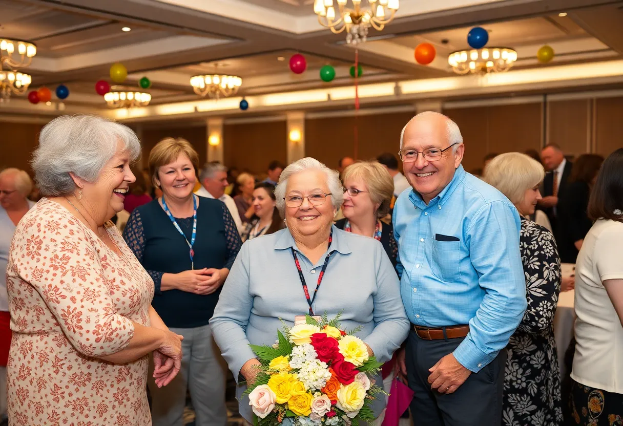 Gathering of friends and family celebrating Bart Robinson's retirement
