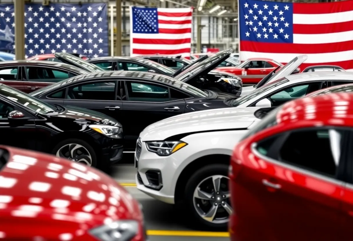 Assembly line of cars with American flag in the background