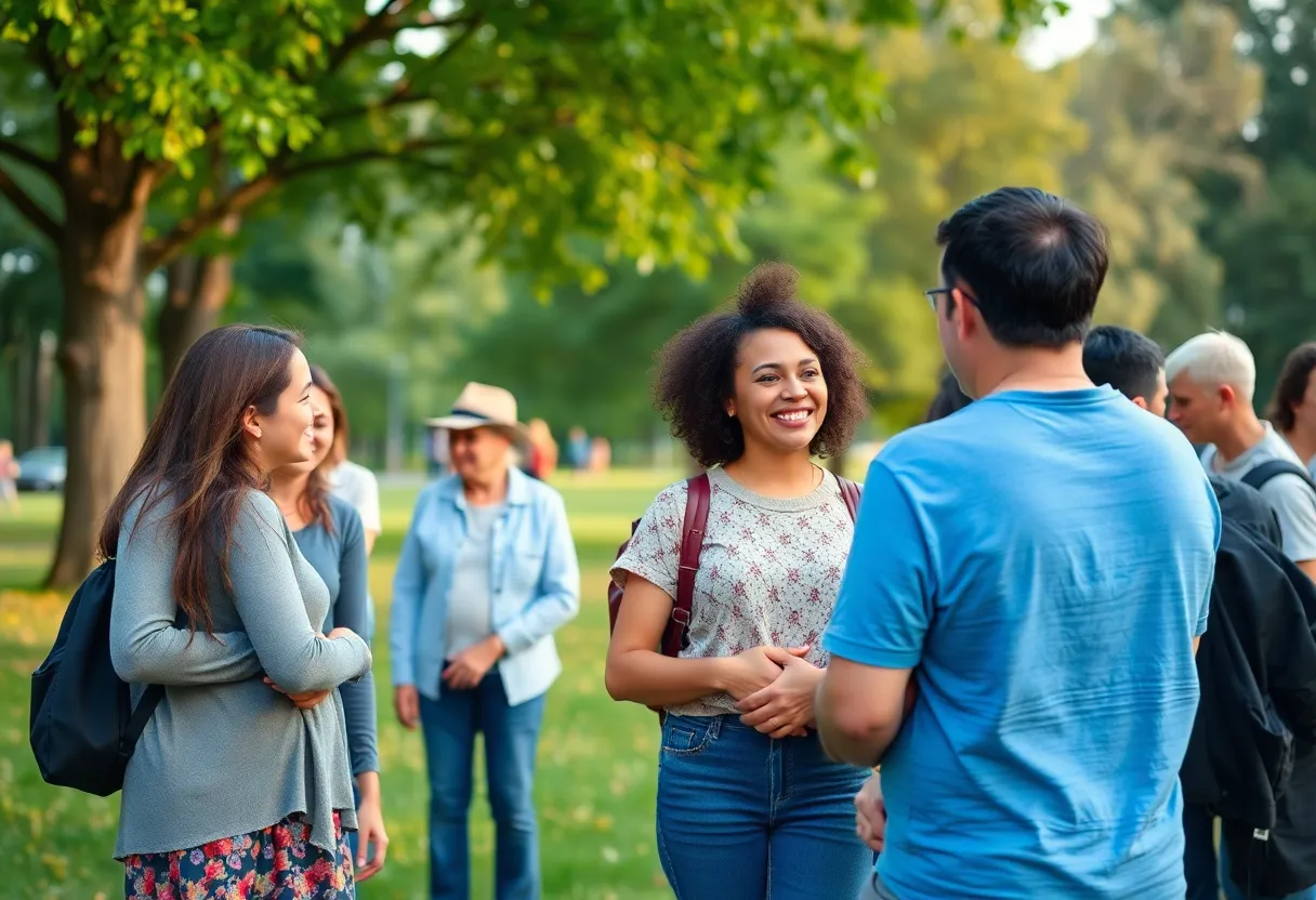 A diverse group of people supporting each other in a park.