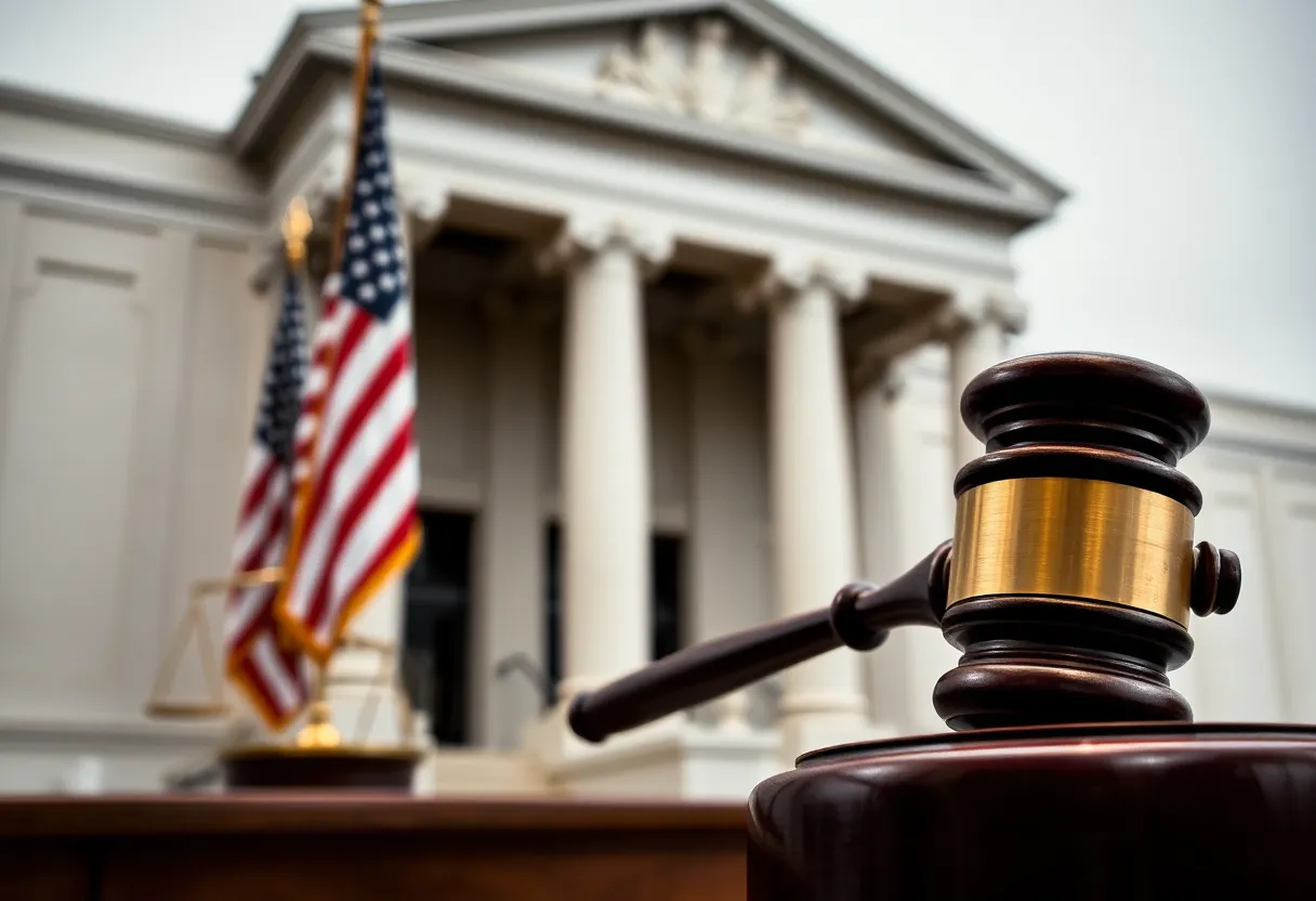 Courthouse interior with a gavel and American flag