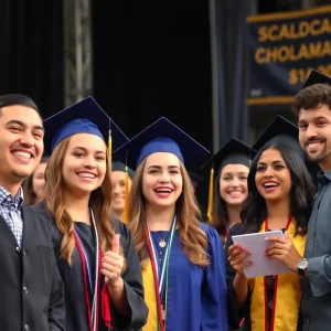 Students celebrating scholarship awards at a graduation ceremony