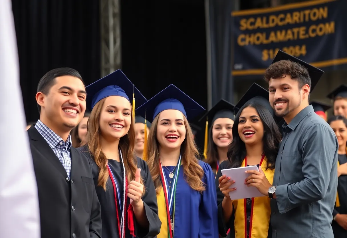 Students celebrating scholarship awards at a graduation ceremony