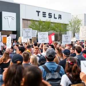 Crowd of protesters outside a Tesla dealership