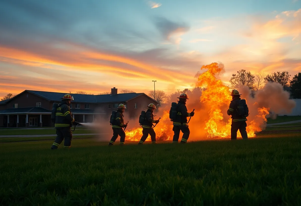 Firefighters extinguishing a grass fire behind school athletics facilities