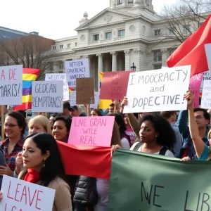 Participants at the Lafayette County Unite and Resist Rally with signs supporting democracy and social justice.