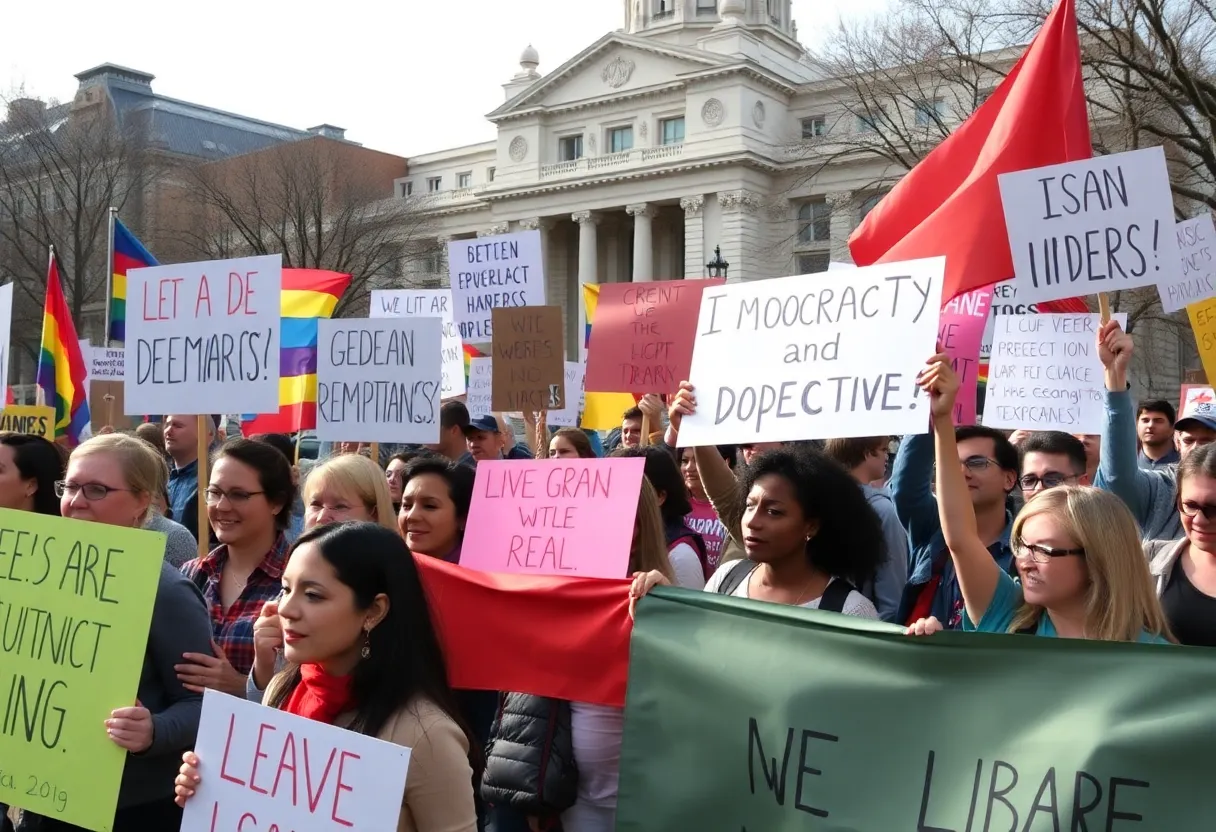 Participants at the Lafayette County Unite and Resist Rally with signs supporting democracy and social justice.