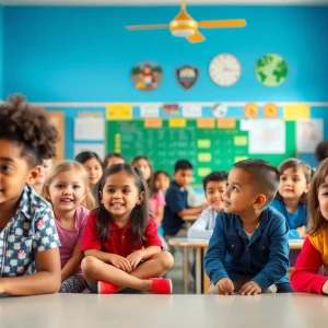 A diverse group of children participating in classroom activities at a primary school, representing community and inclusivity.