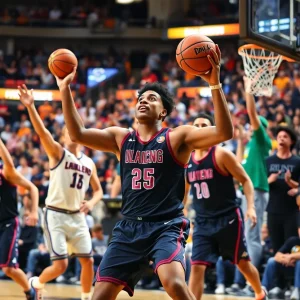 Action scene from March Madness with players competing