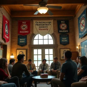 Students discussing serious hazing allegations outside a fraternity house