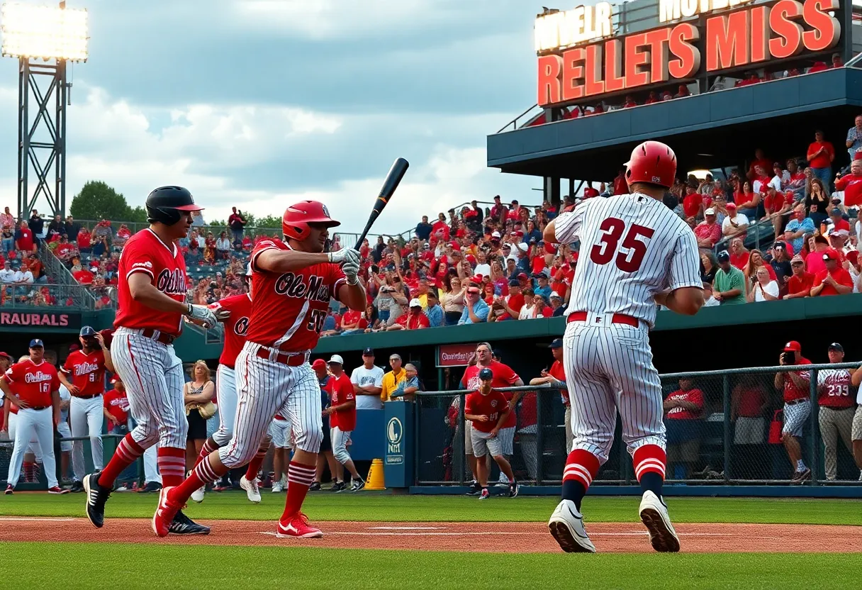 Ole Miss Rebels players celebrating after a victory over the Florida Gators.