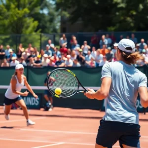 Ole Miss men's tennis players competing in a match at the Palmer/Salloum Outdoor Tennis Center