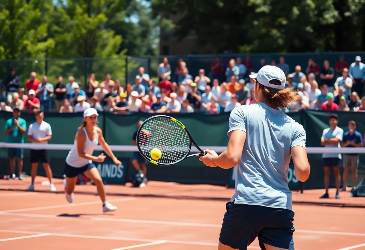 Ole Miss men's tennis players competing in a match at the Palmer/Salloum Outdoor Tennis Center