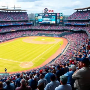 Fans cheering at the SEC baseball showdown between Ole Miss and Arkansas