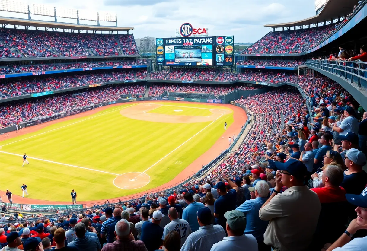 Fans cheering at the SEC baseball showdown between Ole Miss and Arkansas