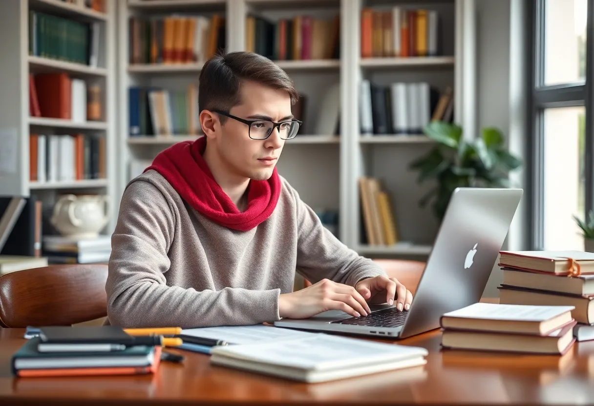 A focused student writing a personal statement at a desk.