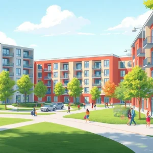 Illustration of new student housing buildings at the University of Mississippi