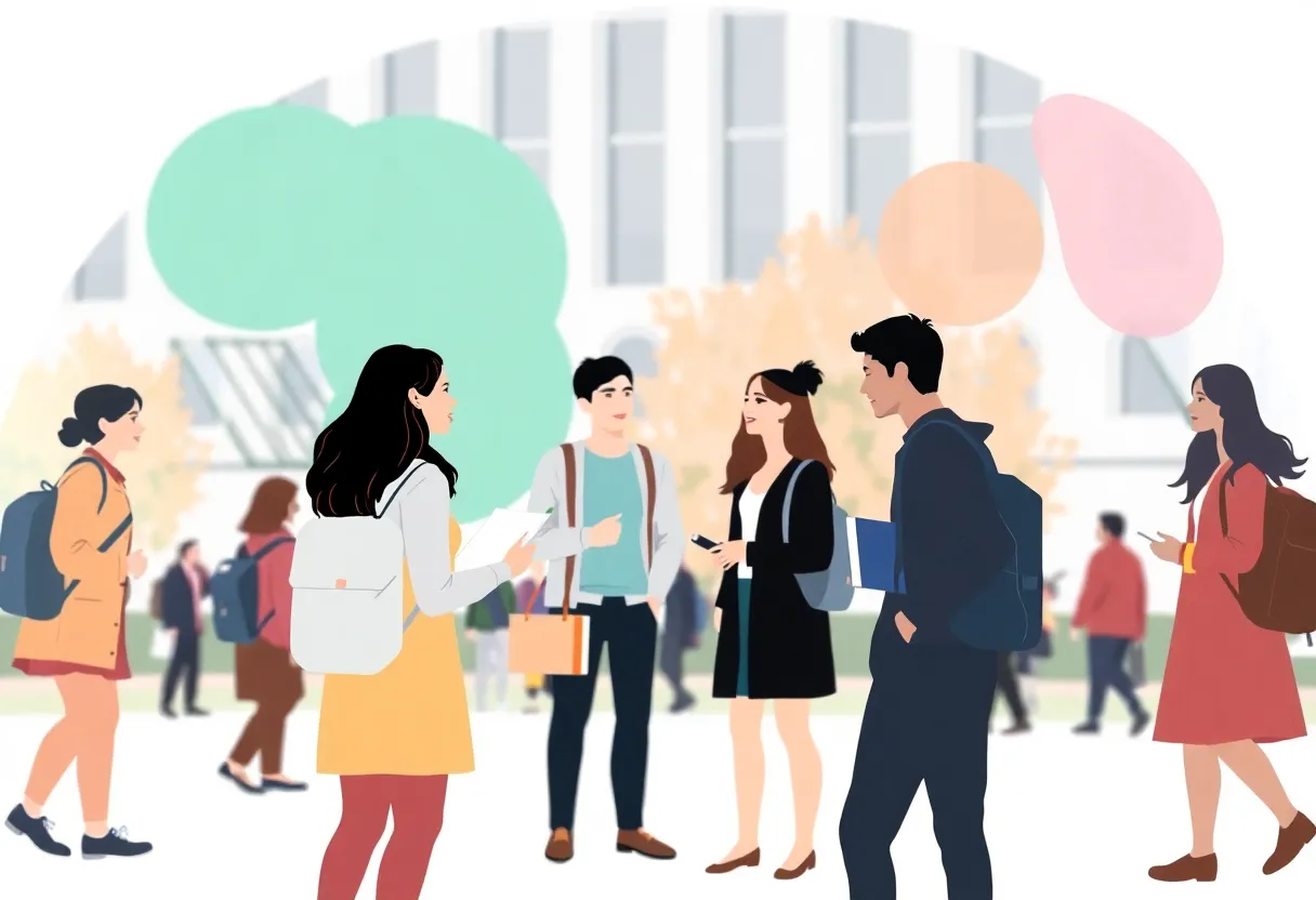 A diverse group of college students on campus discussing compliance issues.