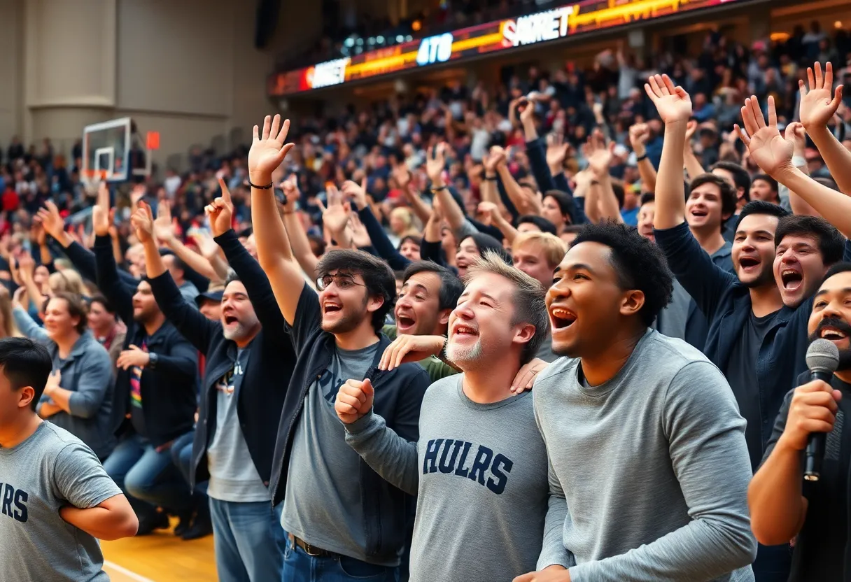 Fans celebrating on the court after a basketball game