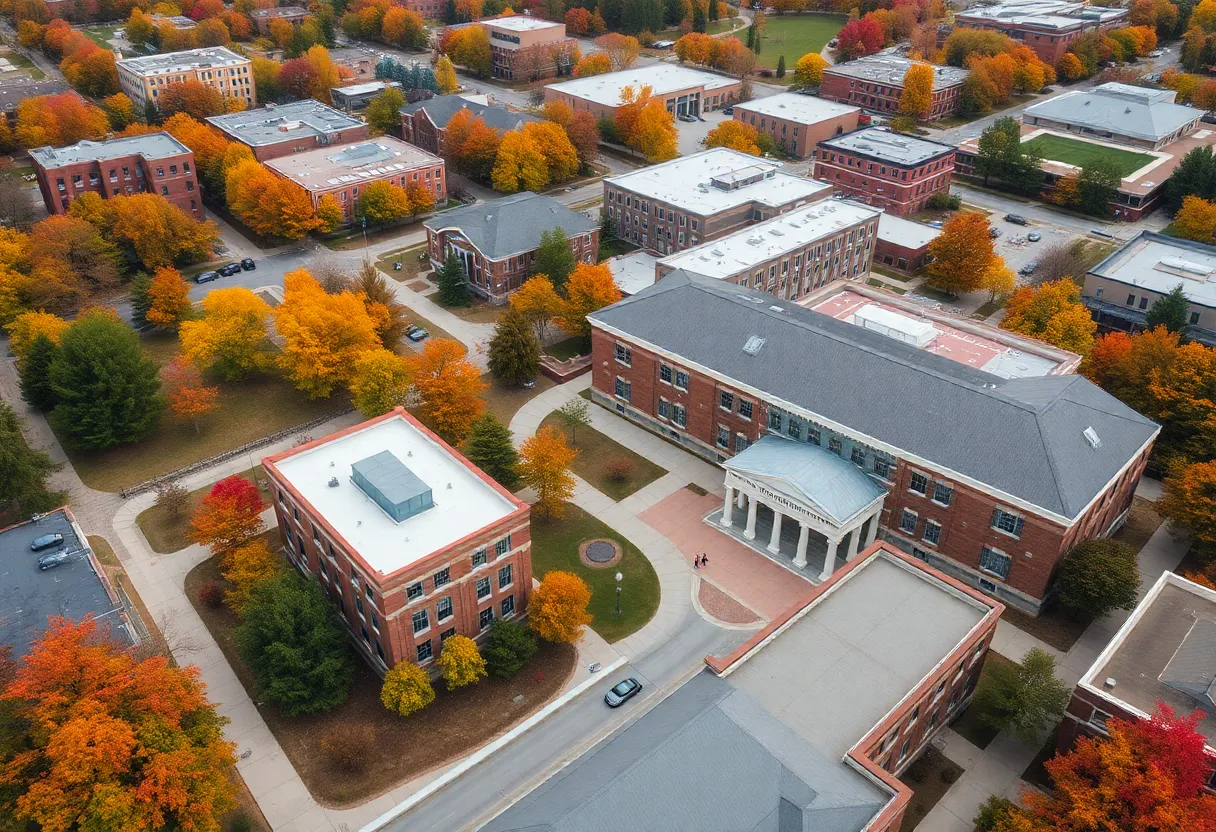Aerial view of the University of Mississippi with students and construction.