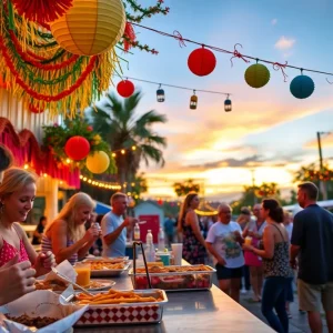 Participants enjoying food and festivities at the Yardi Gras celebration