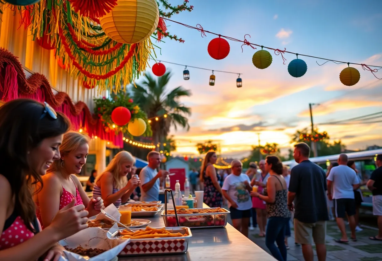 Participants enjoying food and festivities at the Yardi Gras celebration