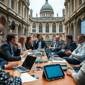 Participants discussing AI's impact on journalism at the Oxford symposium.
