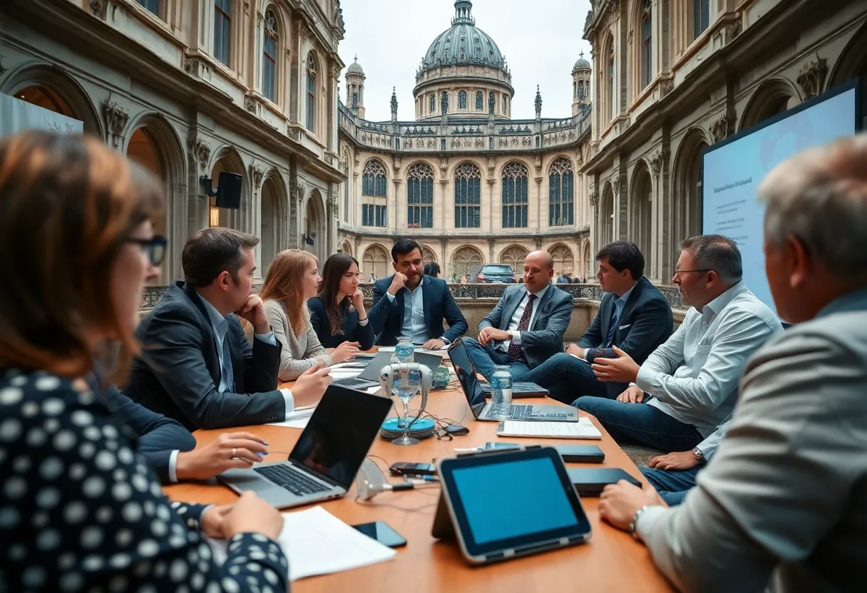 Participants discussing AI's impact on journalism at the Oxford symposium.