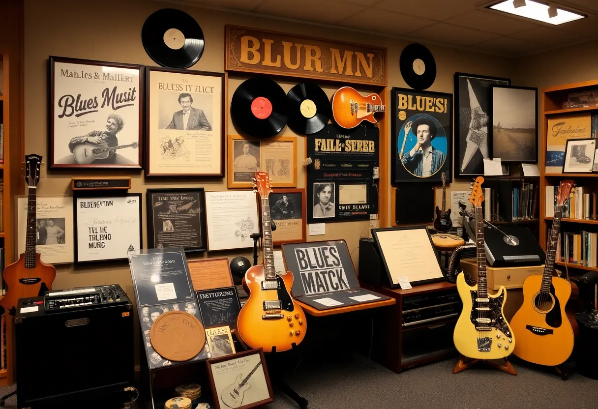 Display of blues music artifacts at the Blues Archive exhibition.