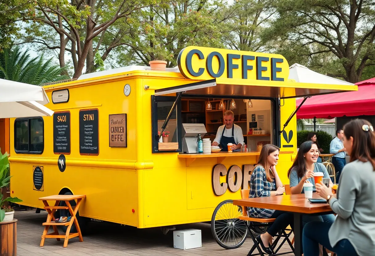 Bright yellow coffee truck Caffecitos serving coffee in Oxford MS