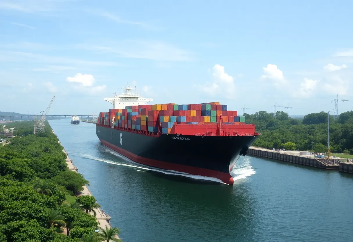Cargo ship navigating through the Panama Canal
