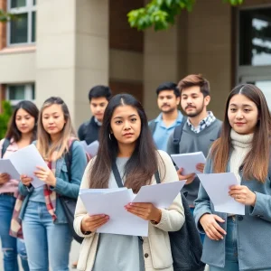 A group of international students showing concern outside a university campus