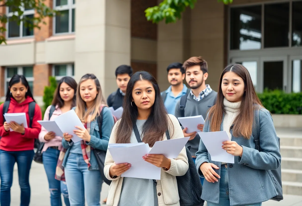 A group of international students showing concern outside a university campus
