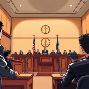 Courtroom during a serious trial with a judge and jury present.