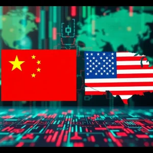 Abstract digital art depicting cybersecurity tensions between China and the U.S.