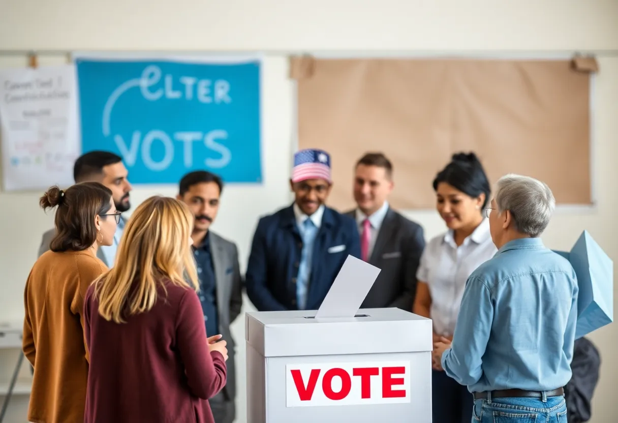 Citizens discussing democracy and voting around a ballot box