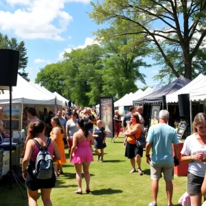 A lively scene from the Double Decker Arts Festival with artists, musicians, and food vendors.