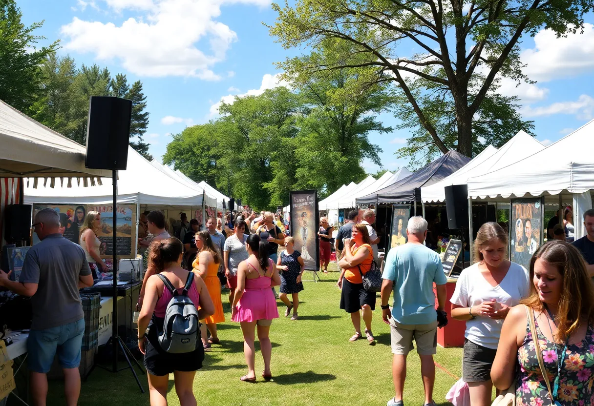 A lively scene from the Double Decker Arts Festival with artists, musicians, and food vendors.