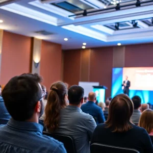 An audience engaged in an inspiring talk by business moguls.
