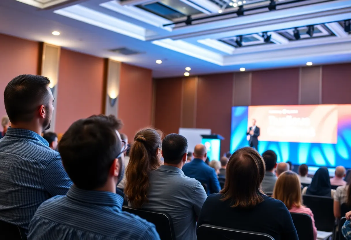 An audience engaged in an inspiring talk by business moguls.
