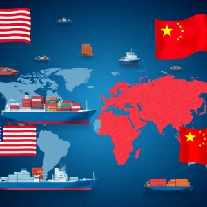 Symbolic representation of global trade tensions with cargo ships and flags