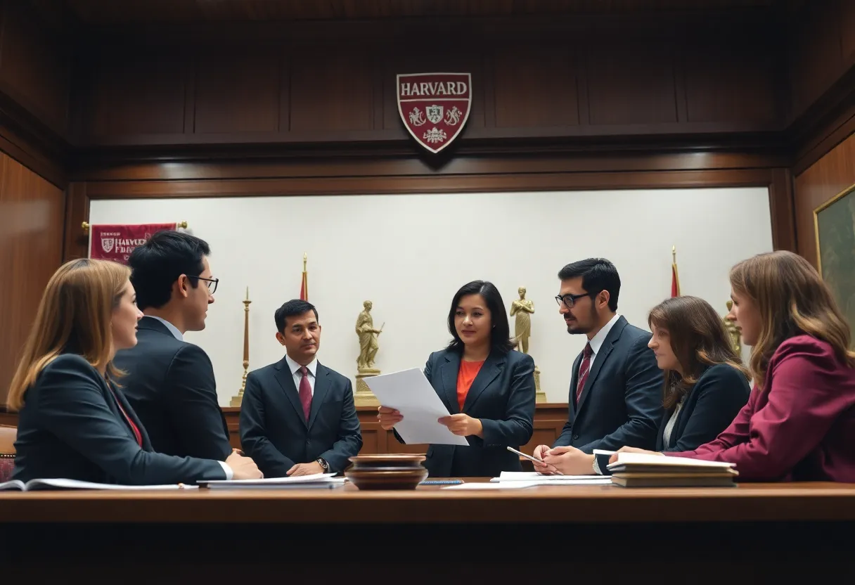 Professors discussing legal action against funding review in Harvard courtroom