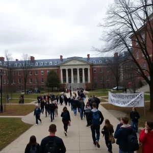 Harvard University campus with students walking in groups