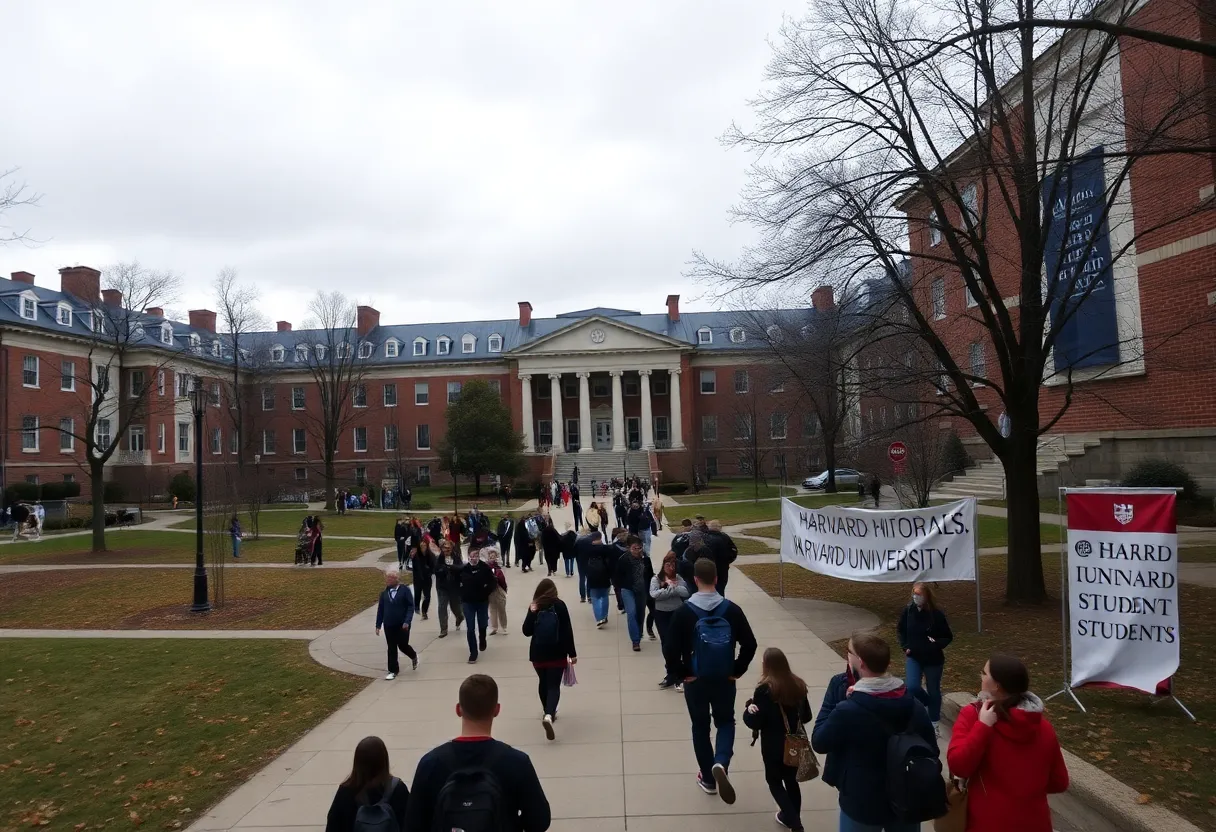 Harvard University campus with students walking in groups
